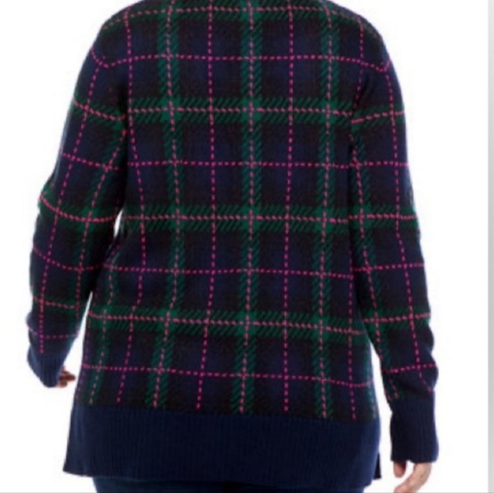 Crown Ivy Long Sleeve Pink and Navy Blue Plaid Button Front Cardigan - Picture 2 of 6
